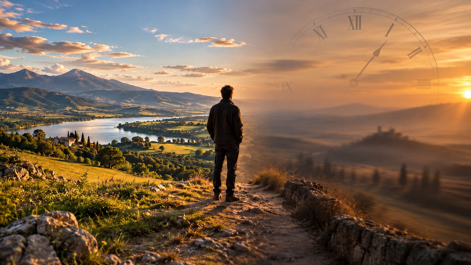 A man stands on a hillside path at golden hour, looking over a valley as a faint clock face dissolves into the sunset sky
